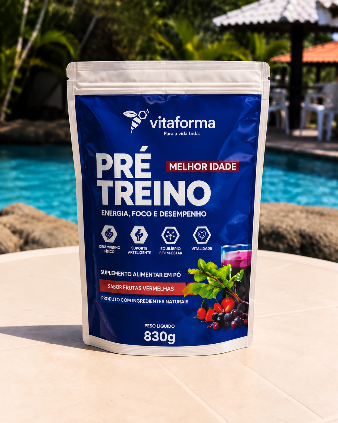 Pré-treino Vitaforma Melhor Idade, embalagem azul com borda branca inferior